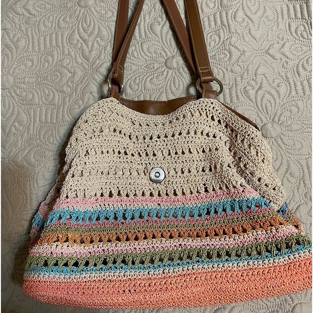 Crochet knit multi color purse with 12” handle and 3 sections with center zip